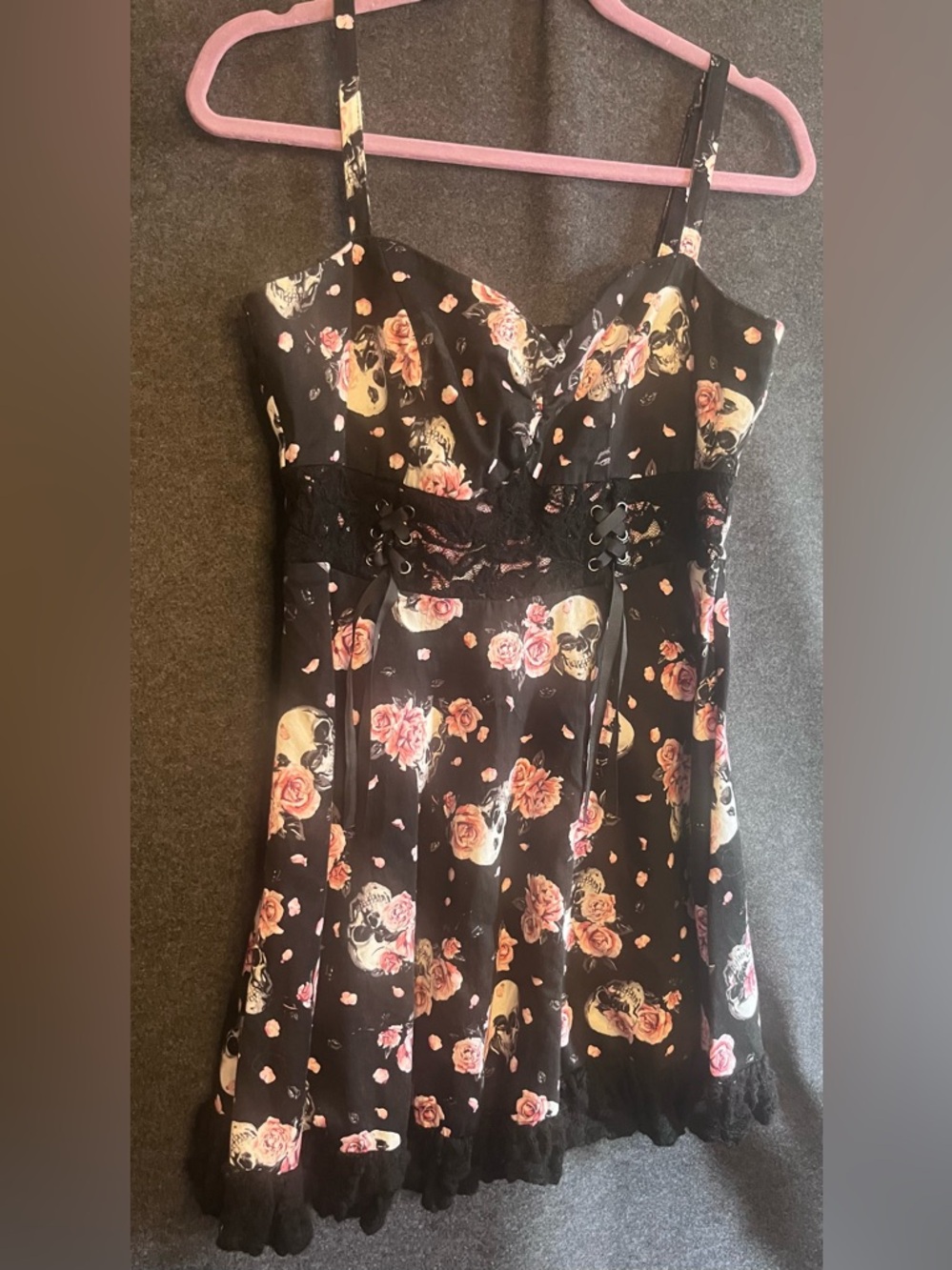 Hot Topic Skull Rose Print Lace Up Dress Size L Black Pink Whimsigoth Lolita